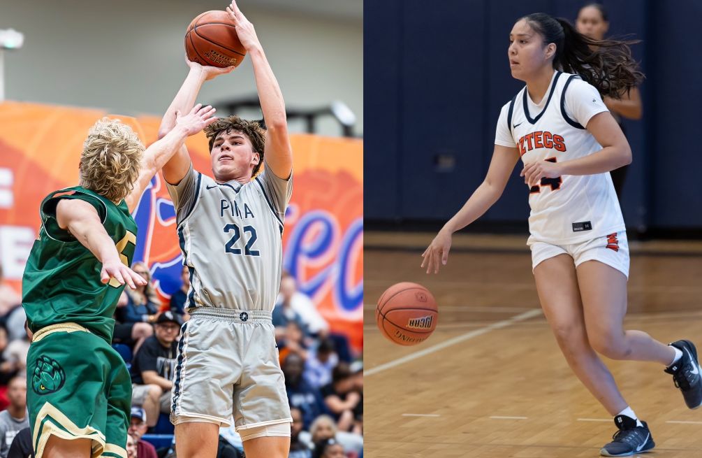 The Pima Men's and Women's Basketball teams were each selected as the No. 4 seeds for their respected NJCAA Division II National Tournaments. The men will play in Danville, IL as their first game will be on Tuesday, Mar. 17 at 9:00 a.m. (CDT). The women will play in Hickory, NC and their first game will be on Tuesday, Mar. 17 at 10:00 (EDT). Both games will be play at 7:00 p.m. Tucson time. Region I, Division II Final MVPs: Mason Hunt and Melicia Nelson/Photo by Gilbert Alcaraz and Stephanie van Latum