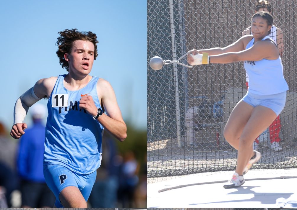 Freshman Andrew Smith (Tanque Verde HS) set an NJCAA national qualifying time in the 1,500 meter race (3:55.69) while fellow freshman Elizabeth Ugwu (Sahuaro HS) improved on her qualifier in the Shot Put (13.52 meters, 44-4.25) and moved to No. 3 on the Pima school all-time list. Photos by Ethan Tees and Raymond Suarez
