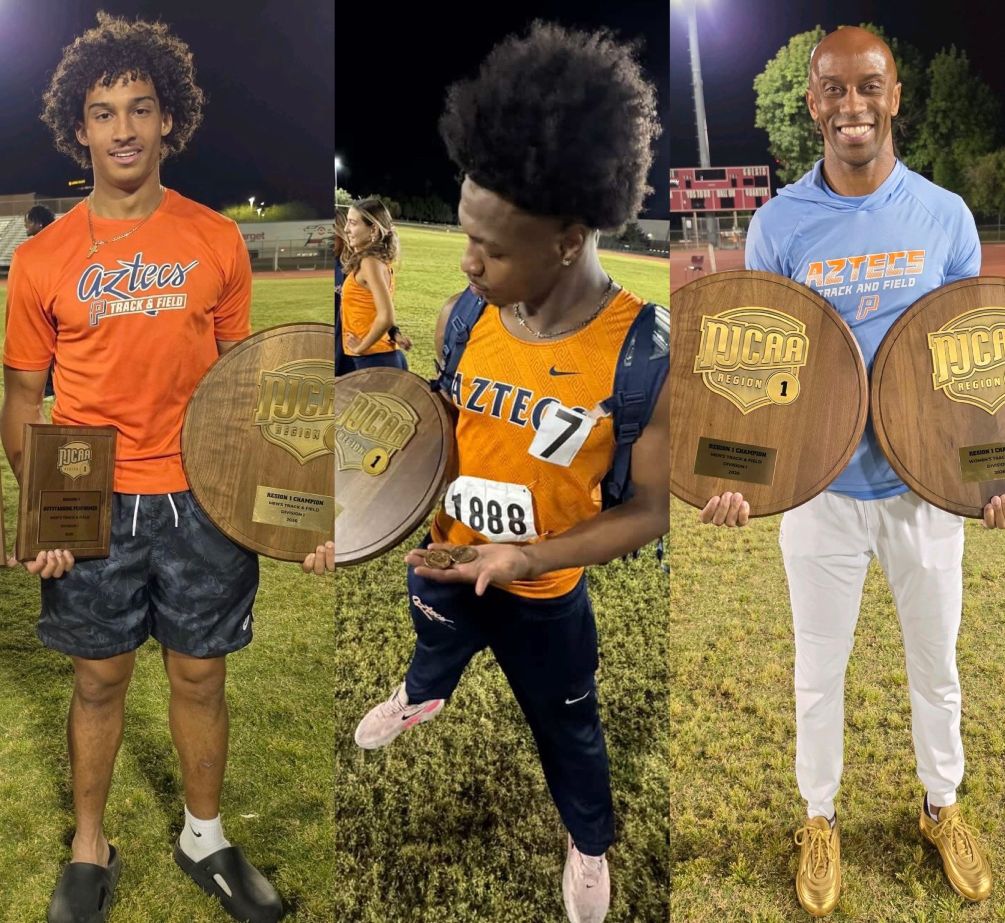 The Aztecs Track & Field Teams received recognition from the ACCAC conference and NJCAA Region I. Sophomore Cedric Cade was selected the Male Field Athlete of the Year while sophomore Taylor Brown was named Male Co-Track Athlete of the Year. Head Coach Chad Harrison was selected the Men's and Women's Track & Field Coach of the Year. Photos courtesy of Raymond Suarez, Taylor Brown and Chad Harrison.