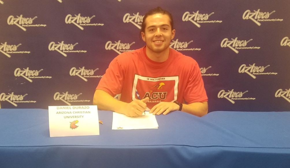Pima Community College baseball freshman outfielder Daniel Durazo (Salpointe Catholic HS) signed his letter of intent to play at Arizona Christian University, an NAIA school in Glendale, AZ. He batted .359 in 48 games last season helping the Aztecs earned their first berth to the NJCAA Region I playoffs since 2014. Photo by Raymond Suarez