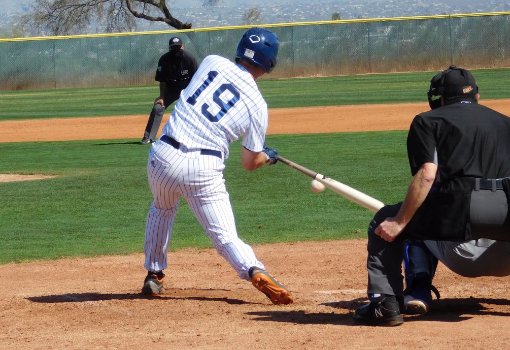 Freshman James Kobylt was one of many Aztec players who contributed to the Pima scoring a season-high in runs as they beat Community Christian College 21-0 in seven innings. The Aztecs have won 18 straight and are now 28-6 overall. Photo by Raymond Suarez