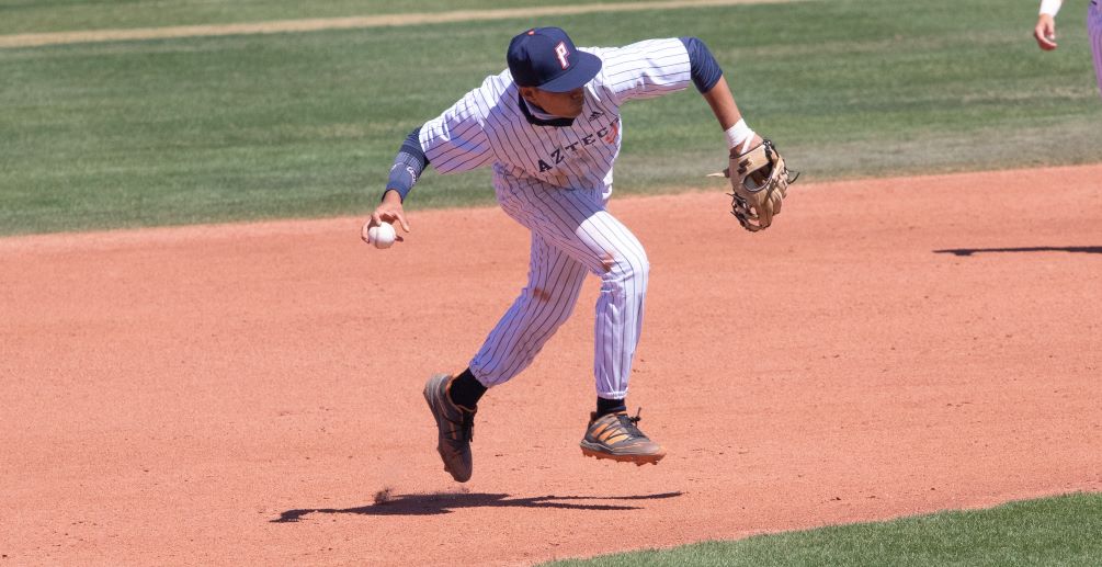 Sophomore Angel Ochoa finished the day 2 for 7 with three RBIs and two runs scored but the Aztecs baseball team got swept at Central Arizona College, snapping their 20-game winning streak. The Aztecs are now 30-8 overall and 21-7 in ACCAC conference play. Photo by Stephanie Van Latum