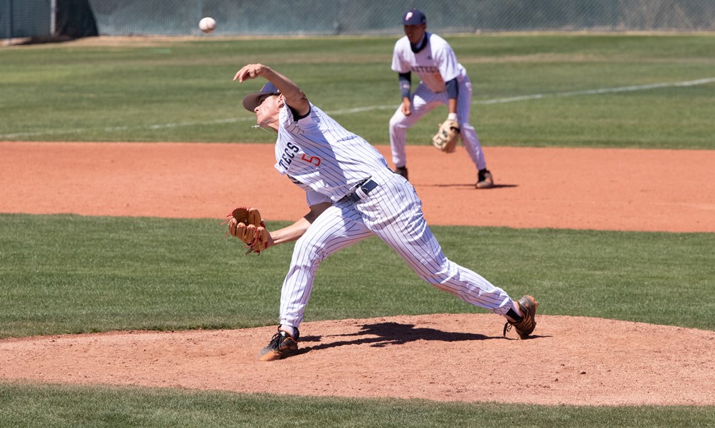 Freshman Bradon Zastrow produced a quality start and picked up the win (5-2) in the first game as the Aztecs baseball team split at Yavapai College on Saturday in Prescott. Zastrow pitched a complete-game giving up two runs (two earned) on six hits with nine strikeouts and three walks on 97 pitches. The Aztecs are now 31-9 overall and 22-8 in ACCAC conference play. Photo by Stephanie Van Latum