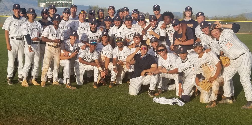 The Aztecs baseball team won its 20th straight game after sweeping Chandler-Gilbert Community College 12-3 and 13-8. The Aztecs are now 30-6 overall and 21-5 in ACCAC conference play. They will play at No. 2 ranked Central Arizona College on Tuesday in Coolidge. Photo by Raymond Suarez
