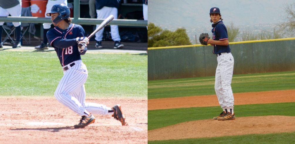 Aztecs baseball's Terrell Huggins (Cienega HS) and Noah Estrella (Flowing Wells HS) swept the ACCAC division I Player/Pitcher of the Week awards. Huggins hit .455 with six RBIs and five runs while Estrella threw a complete-game shutout. Photos by Stephanie Van Latum and Raymond Suarez