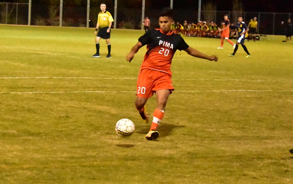 Sophomore Julian Gaona scored the golden goal in the 98th minute as the No. 8 ranked Aztecs beat Otero Junior College 2-1 in the NJCAA District I Semifinals. The Aztecs play the District finals on Saturday at 3:00 p.m. They also punched their ticket to the NJCAA Division I National Tournament. Photo by Ben Carbajal.
