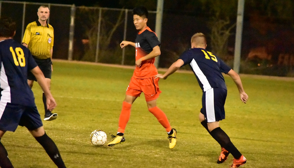 Freshman Daisuke Takanaka scored two goals for the Aztecs as they beat No. 1 seeded St. Louis Community College 3-1 to advance to the national semifinals on Friday. Photo by Ben Carbajal.