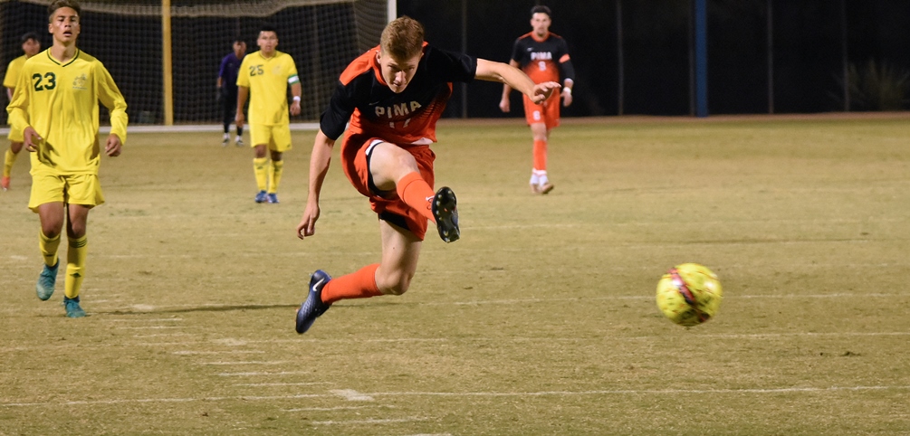 Sophomore Chris Cooper (University HS) was one of three goal scorers for the No. 8 seeded Aztecs as they opened NJCAA Division I Tournament play with a 3-1 win over No. 12 seeded Illinois Central College. Aztecs play No. 1 St. Louis Community College tomorrow at 9:30 a.m. Photo by Ben Carbajal