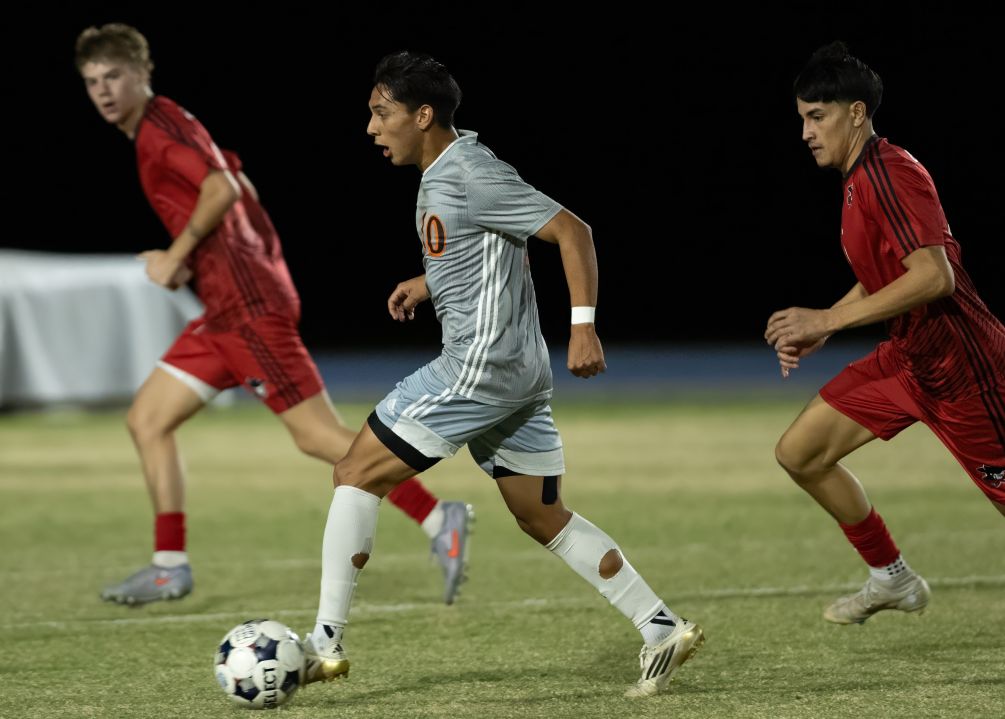 Sophomore Robert Castaneda (Nogales HS) scored a penalty kick goal and had an assist but the No. 2 seeded Aztecs Men's Soccer team fell to No. 1 Phoenix College 4-2 in the Region I, Division II Finals. The Aztecs are 16-3 overall and must now wait to see if they receive an at-large bid to the NJCAA Division II National Tournament. Photo by Stephanie van Latum