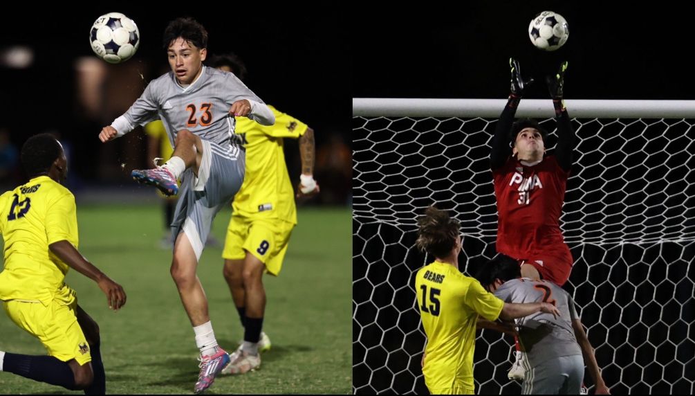 Sophomore Nathan Flores scored the game-winning goal with 21 seconds left while freshman Tommaso Leonardi finished with five saves as the No. 5 ranked Aztecs Men's Soccer team upset No. 1 Phoenix College 3-2 on Saturday at the West Campus Aztec Field. The Aztecs secured their 27th straight season with double digit wins as they improved to 10-1 overall and 7-1 in ACCAC conference play. Photos by Stephanie van Latum