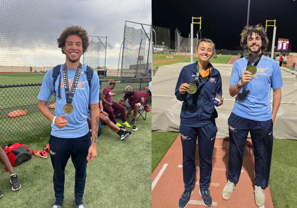 Freshman Noah Brosier took fourth place in the Long Jump with a personal-record of 7.52 meters (24-feet, 8-inches) while sophomore Ketch Sulpizio (far right) became a three-time NJCAA All-American after he tied for fifth place in the Pole Vault at 4.71 meters (15-5.50). The Aztecs are in 11th place in the team standings with 8.50 points. Photos courtesy of Noah Brosier and Jesus Salazar.