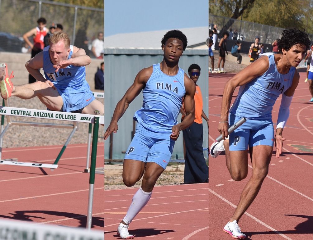 Sophomores Jake Applegate (400-meter hurdles), Taylor Brown (400 meters) and freshman Noah Macias (800 meters) all broke Pima Outdoor school records on Saturday at the inaugural Carvel Jackson Memorial Showcase as the Aztecs Men's Track & Field team also set six new NJCAA national qualifying times and marks. Photos by Ben Carbajal