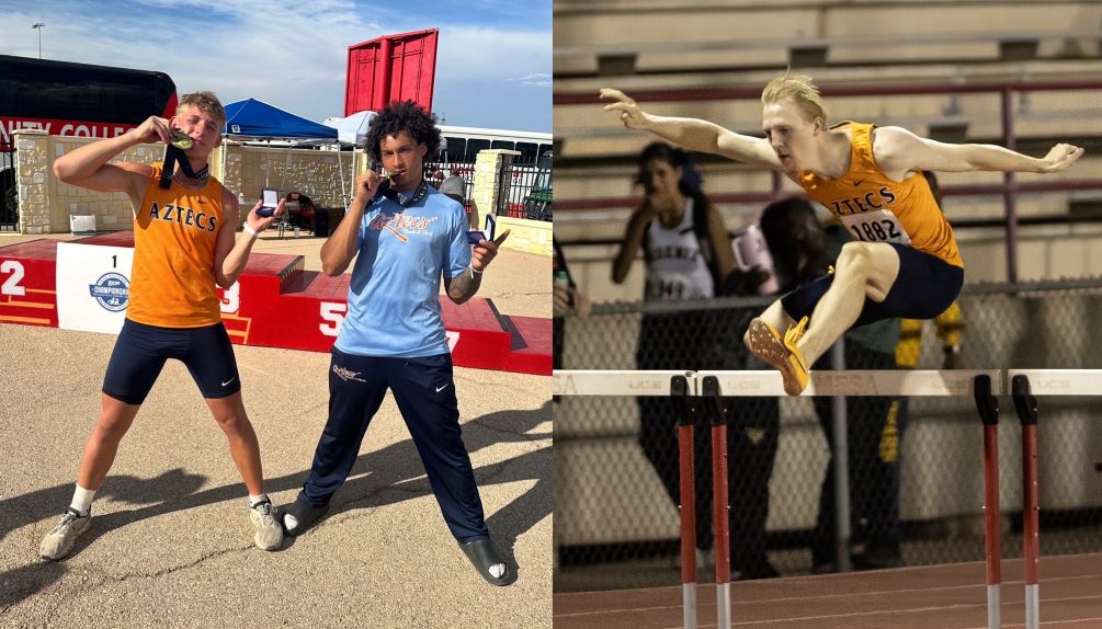 Sophomore Cedric Cade (third place) and freshman Andrew Schmier (seventh place) earned NJCAA All-American status in the Decathlon while sophomore Jake Applegate broke the Pima Outdoor school record in the 110-meter hurdles with a time of 14.32. He now owns all three hurdle records in school history. Photos courtesy of Chad Harrison and Stephanie van Latum