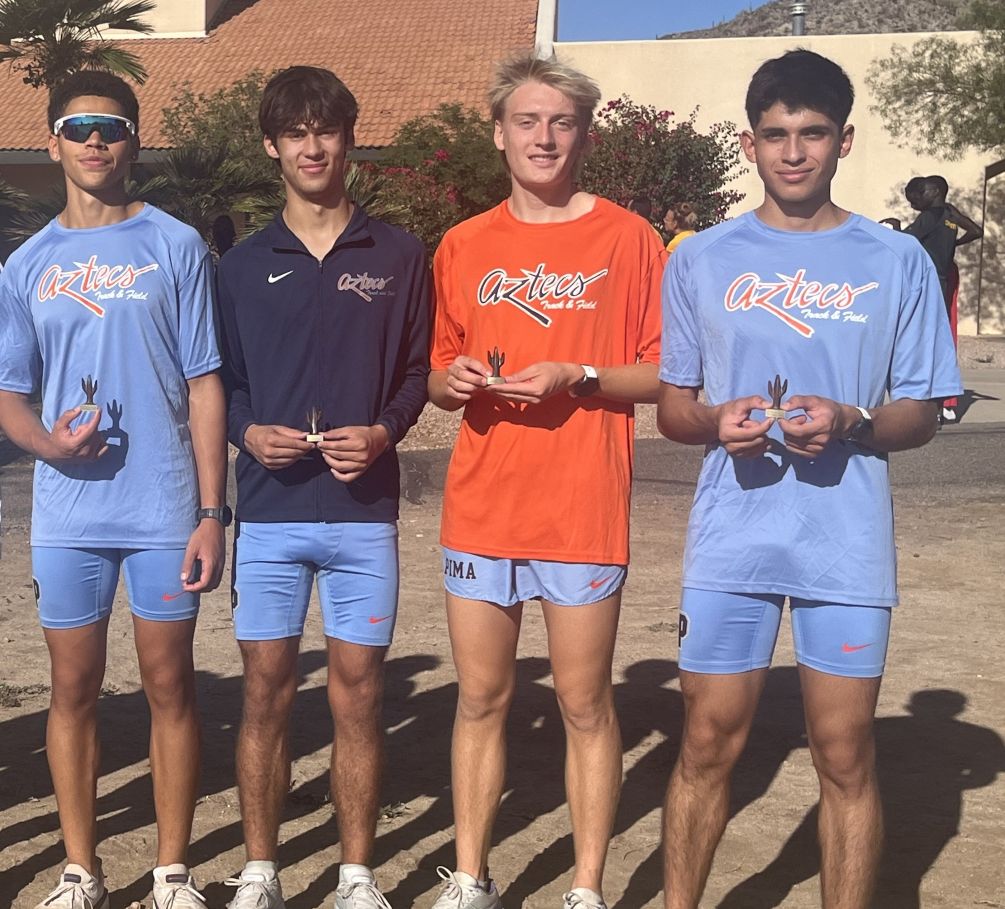The No. 16 ranked Aztecs Men's Cross Country team placed third with a total of 72 points at the Al Shirley Invitational on Saturday at Central Arizona College. Four Pima runners earned top 20 accolades. (Left to right): Tayvien Biancuzzo, Myles Oliver, Kallen McCracken and Jose Hernandez. Photo by Ray Suarez