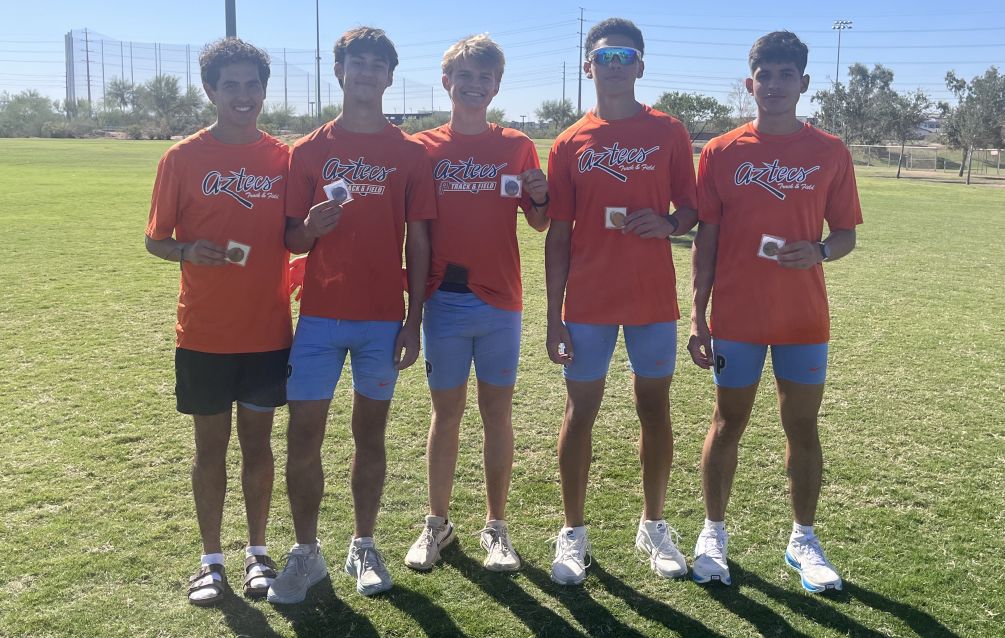 The No. 18 ranked Aztecs Men's Cross Country team took third place with a total of 52 points at the ACCAC/Region I, Division I Championships on Friday at Crossroads Park in Gilbert. (Left to right) Freshman Alec Guerra, freshman Myles Oliver, sophomores Noah Brunet and Tayvien Biancuzzo and freshman Jose Hernandez all earned All-Region I, Division I honors for finishing in the top 15. Photo by Raymond Suarez