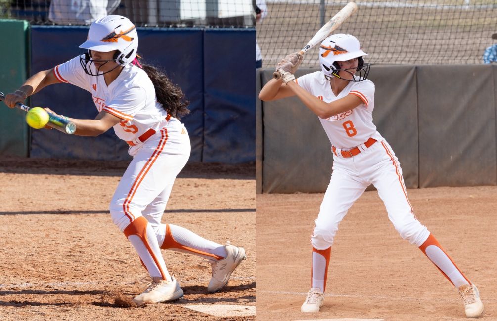 Freshman Izabel Rodriguez (Sahuarita HS) and Kayla Hendrix (Canyon del Oro HS) combined to go 8-for-15 as the No. 7 ranked Aztecs Softball team split with No. 10 South Mountain Community College. The Aztecs won 6-4 snapping the Cougars' 18-game winning streak but fell 2-1 in the second game halting their 15-game win streak. The Aztecs are 39-6 overall and 31-5 in ACCAC conference play. Photos by Stephanie van Latum