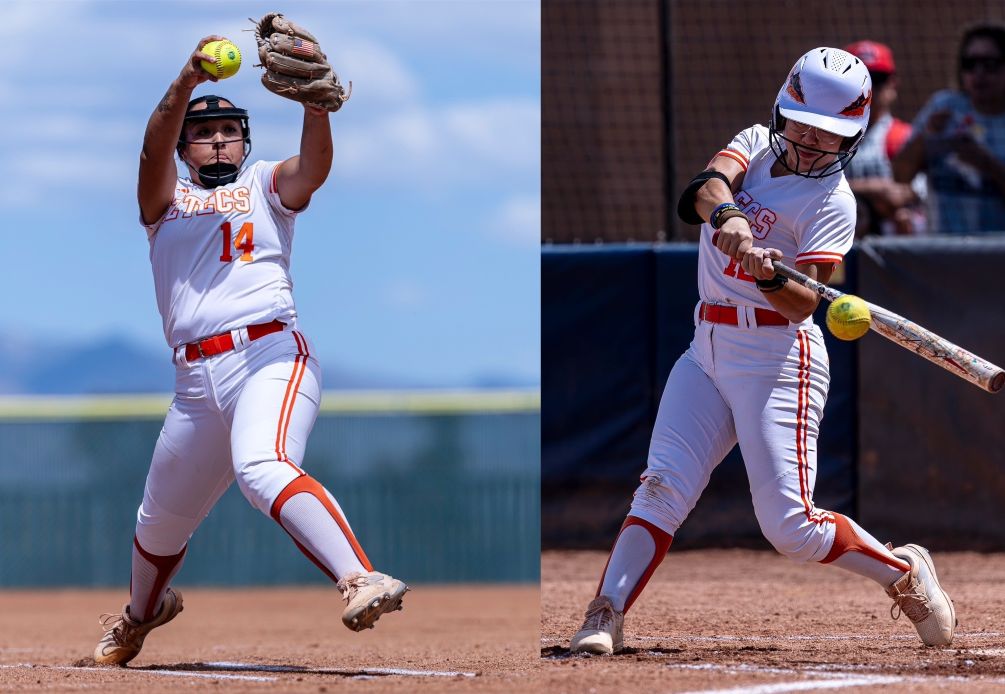 Freshman Adriana Machado (Canyon del Oro HS) threw a complete game shutout, giving up nine hits with five strikeouts and three walks while sophomore Clarissa Figueroa (Mountain View HS) finished 1-for-4 with two RBIs and two runs as the No. 1 seeeded Aztecs Softball team opened the Region I, Division II Tournament with a 7-0 win over No. 4 Scottsdale Community College. The Aztecs will play No. 2 South Mountain Community College on Friday at 12:00 p.m. Photos by Gilbert Alcaraz