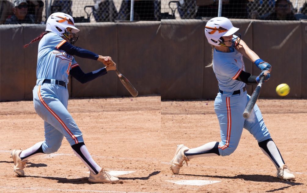 Freshman Isabel Mendoza (Cienega HS) hit a walk-off RBI single in the 9th inning as the No. 1 seeded Aztecs Softball team beat No. 2 South Mountain Community College 5-4 to advance to the Region I, Division II Championship Round. The Aztecs will play the Cougars on Saturday at 12:00 p.m. at the West Campus Aztec Field. Isabel Mendoza and Angelina Dehler/Photos by Stephanie van Latum