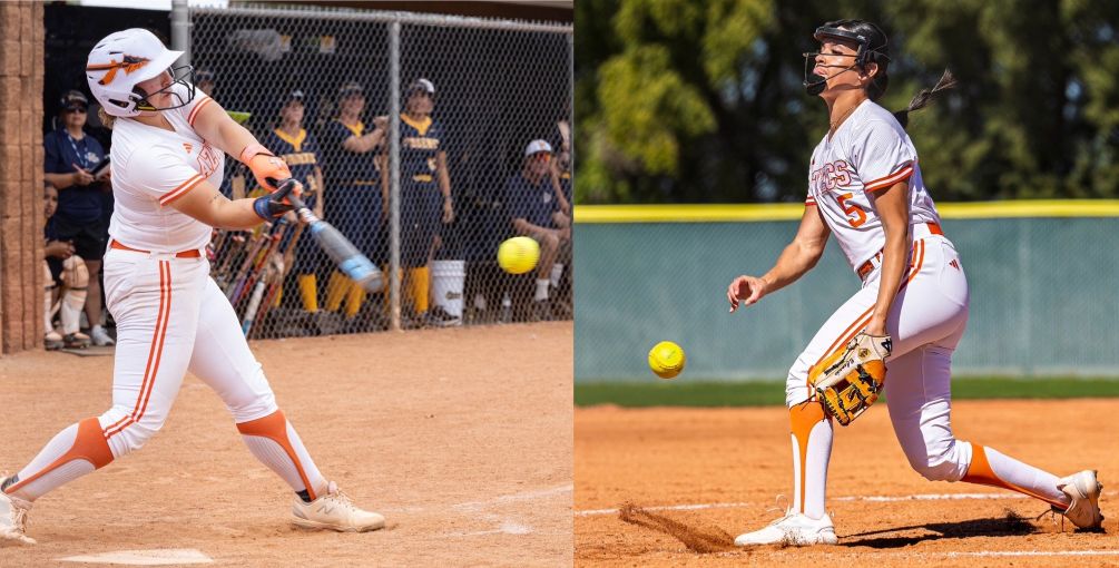 Sophomore Jiselle Nunez (Tucson Magnet HS) hit three home runs and finished the day 5-for-6 with 11 RBIs and three runs scored while sophomore Belen Camacho (Pueblo HS) pitched seven and one-third innings on the day, giving up one hit with 12 strikeouts as the No. 7 ranked Aztecs Softball team swept Scottsdale Community College 7-2 and 8-3. The Aztecs improved to 41-6 overall and 33-5 in ACCAC conference play. Photos by Stephanie van Latum and Gilbert Alcaraz