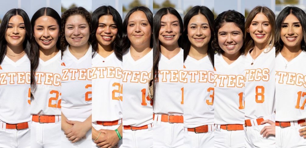 The Aztecs Softball team produced a record-breaking 11 representatives on the 2026 All-ACCAC conference teams. (Left to Right): Belen Camacho (Pitcher of the Year), sophomore Amerika Lopez-Bedoy (First Team), sophomore Jiselle Nunez (First Team), freshman Izabel Rodriguez (First Team), freshman Adriana Machado (Second Team), freshman Soleil Ponce (Second team), sophomore Julissa Lopez (Second Team), sophomore Clarissa Figueroa (Third Team), freshman Kayla Hendrix (Third Team) and Isabel Mendoza (Third Team). Photos by Stephanie van Latum