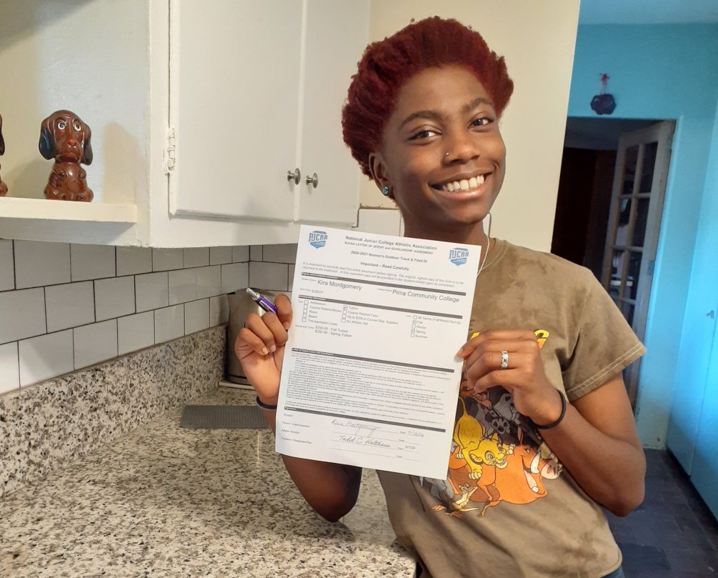 Sprinter and jumper Kira Montgomery (Sahuaro HS) signed her letter of intent to compete for the Aztecs track & field team. She set PRs in the 100 meters (12.76) and the long jump (16-feet, 5-inches) as a junior in 2019. Photo courtesy of Kira Montgomery