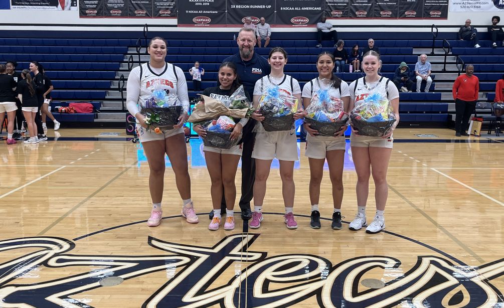 (10) Aztecs Women's Basketball recognized their sophomores prior to the game. Sophomore Kiley Sours-Miller (far left) finished with 33 points and 15 rebounds for her 11th double-double of the season as the Aztecs beats Glendale Community College 87-49 for their 11th straight win. The Aztecs are 23-4 overall and 15-2 in ACCAC conference play. Sophomores: Sours-Miller, Ahdiayh Chee, Cassie Coolidge, Melicia Nelson and Lucy Land/Photo by Raymond Suarez