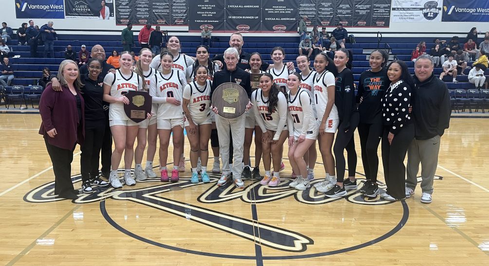The Aztecs Women's Basketball team became back-to-back Region I, Division II/West District Champions after defeating Mesa Community College 80-73 on Friday at the West Campus Aztec Gymnasium. Sophomore Melicia Nelson was named the game's Most Valuable Player after she finished with 16 points, nine rebounds, 13 assists and two steals. The Aztecs advance to the NJCAA Division II National Tournament from Mar. 16-21 in Hickey, NC. Photo by Raymond Suarez