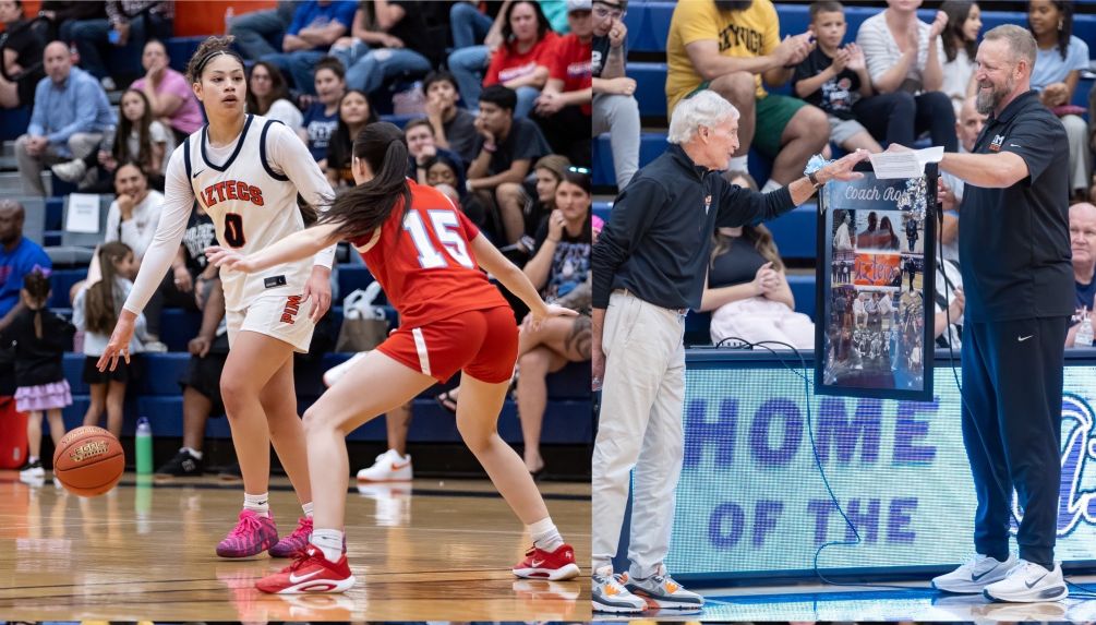 Freshman Reigne Waugh scored 19 points and grabbed eight rebounds as the No. 9 ranked Aztecs Women's Basketball team defeated No. 14 Mesa Community College 74-60 on Jim Rosborough Appreciation Night. The Aztecs locked up the No. 1 seed for the Region I, Division II Tournament. The Aztecs closed the regular season on a 12-game winning streak and are 24-4 overall and 16-2 in ACCAC confernece play. Photos by Stephanie van Latum