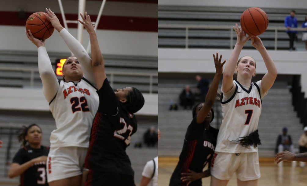 Sophomore Kiley Sours-Miller posted a game-high 29 points and 10 rebounds for her 14th double-double of the season while freshman Lucy Fisher added 14 points and seven rebounds as the No. 4 seeded Aztecs Women's Basketball team beat No. 12 Union County (NJ) 88-75 to advance to the National Semifinal round. They will play No. 1 Johnson County Community College on Friday at 4:00 p.m. (EDT); 1:00 p.m. (MST). Photos courtesy of the NJCAA.