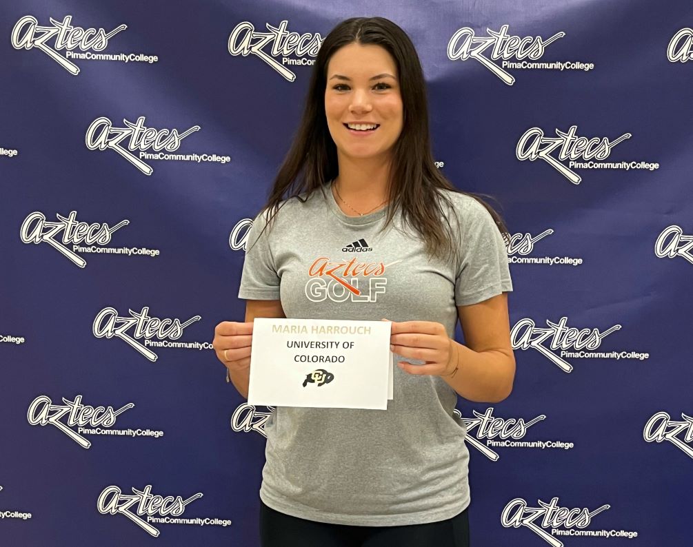 Sophomore women's golfer Maria Harrouch signed her letter of intent to play at the University of Colorado starting in the fall. Harrouch was a two-time NJCAA All-American, two-time All-ACCAC and All-Region golfer and won six straight tournament this season, which included the NJCAA Southwest District Tournament crown. Photo by Raymond Suarez