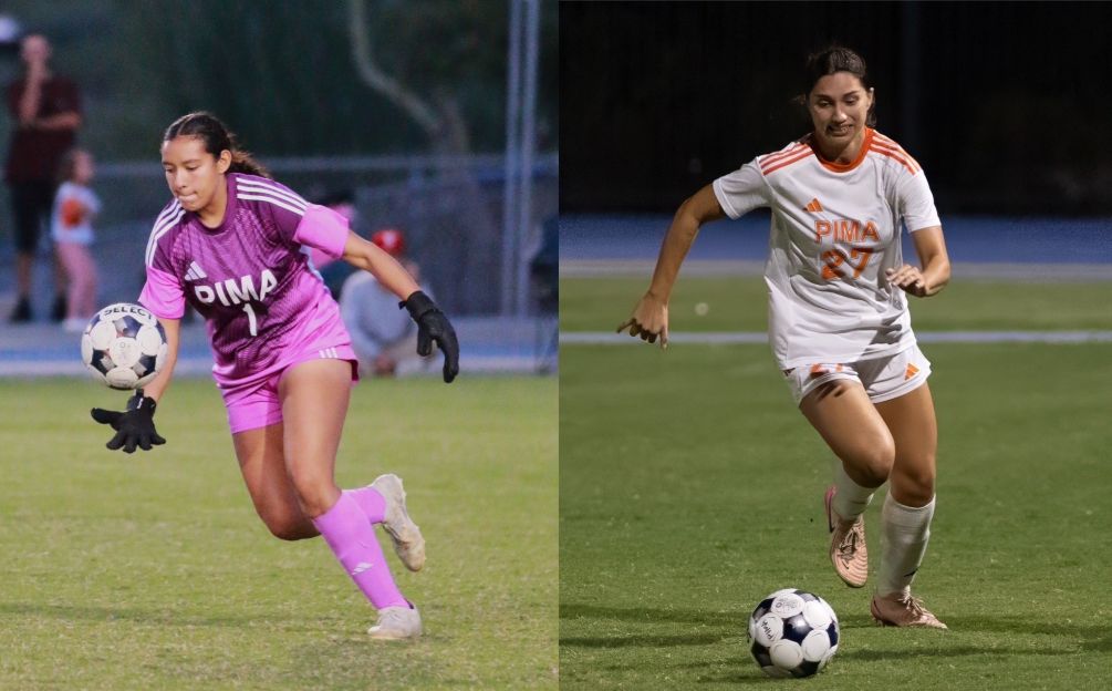 Sophomore Brooke Valencia (Sabino HS) finished with a career-high 13 saves while freshman Ava Dagnino (Salpointe Catholic HS) scored two goals as the No. 13 ranked Aztecs Women's Soccer team upset No. 8 Scottsdale Community College 2-1. Pima head coach Kendra Veliz earned her 300th career victory. The Aztecs are now 10-1-5 overall and 10-0-3 in ACCAC conference play. They close out the regular season on Saturday at Mesa Community College. Photos by Cody Chavez and Stephanie van Latum