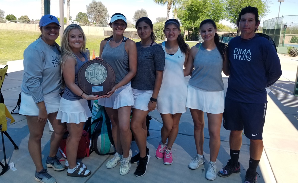 The Aztecs women's tennis team took second place at the NJCAA Region I Championships. They qualified for the NJCAA Division I National Championship on May 5-10 in Tyler, TX. (Left to right): Valeria Miranda, Olivia Manheimer, Jazmin Nunez, Noelia Carbajal, Ashley Fitzsimmons, Melina Oropeza and coach Ian Esquer/Photo by Raymond Suarez