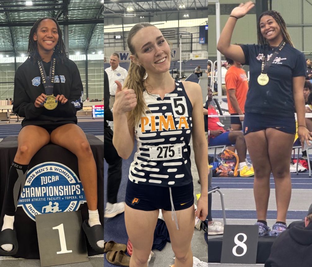Sophomore Kymia Bridgett became an NJCAA Indoor National Champion in the Triple Jump (12.58 meters, 41-3.25) while sophomore Hannah Droeg became a two-time NJCAA All-American with her runner-up finish in the Pentathlon (3344 pts). Freshman Elizabeth Ugwu earned All-American stature in the Shot Put taking eighth place. Photos courtesy of Kymia Bridgett and Chad Harrison