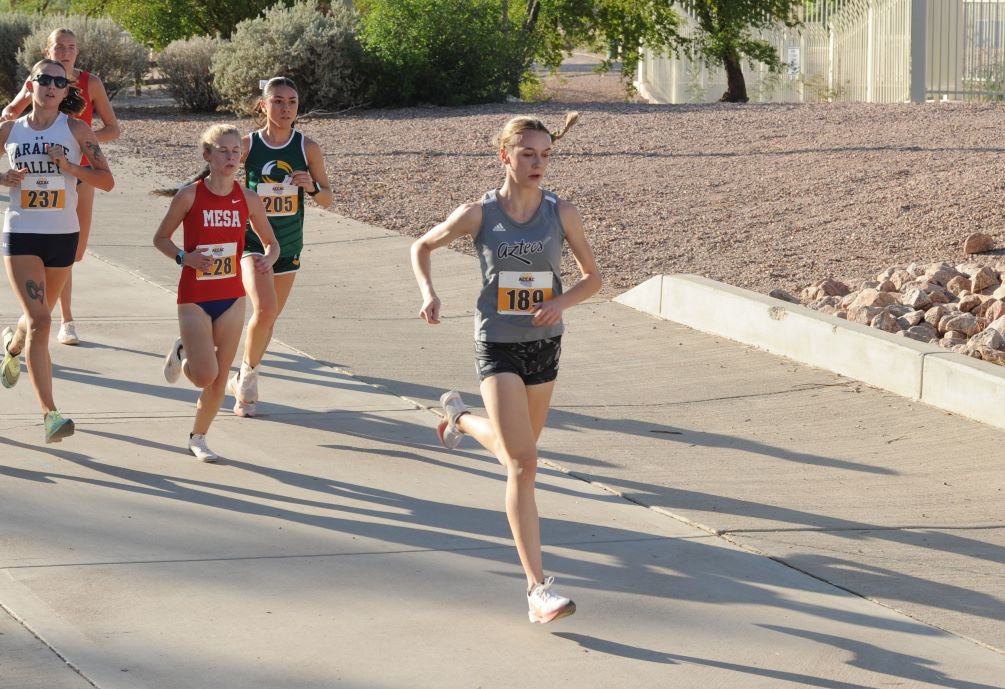 Sophomore Reatta Danhof (Ironwood Ridge HS) took first place at the ACCAC Conference Championships after finishing the 5K race with a time of 19:04 (new PR) as the No. 19 ranked Aztecs Women's Cross Country team took second place with 37 points. Photo by Ray Suarez