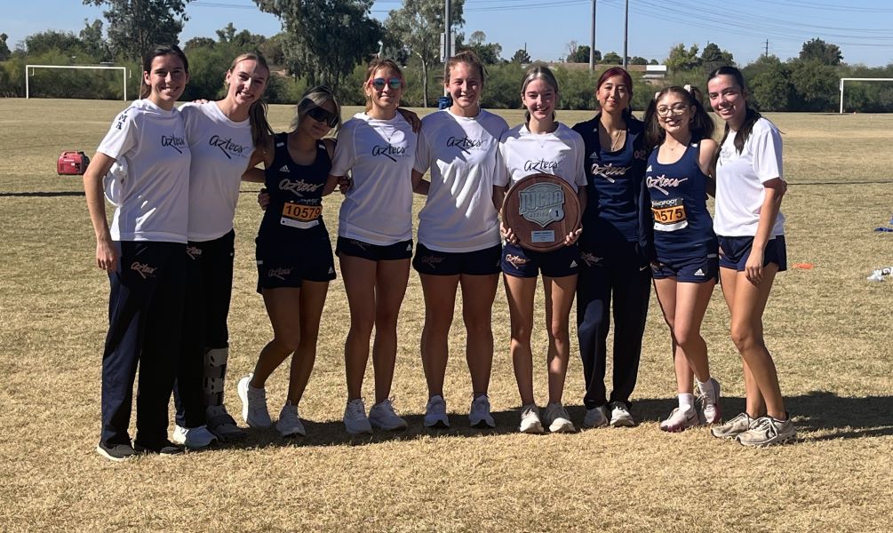 Aztecs Women's Cross Country took second place at the Region I, Division I Championships with a score of 33 points as all five team-scoring runners finished in the top 10. The Aztecs had six runners finish with All-Region honors. (Left to right): Ella Allred, Reatta Danhof, Linda Rivero, Elexia Aragon, Elizabeth Coppola, Karlee Pope, Alyssa Perez, Mariah Cruz and Cashlyn Proffitt/Photo by Raymond Suarez