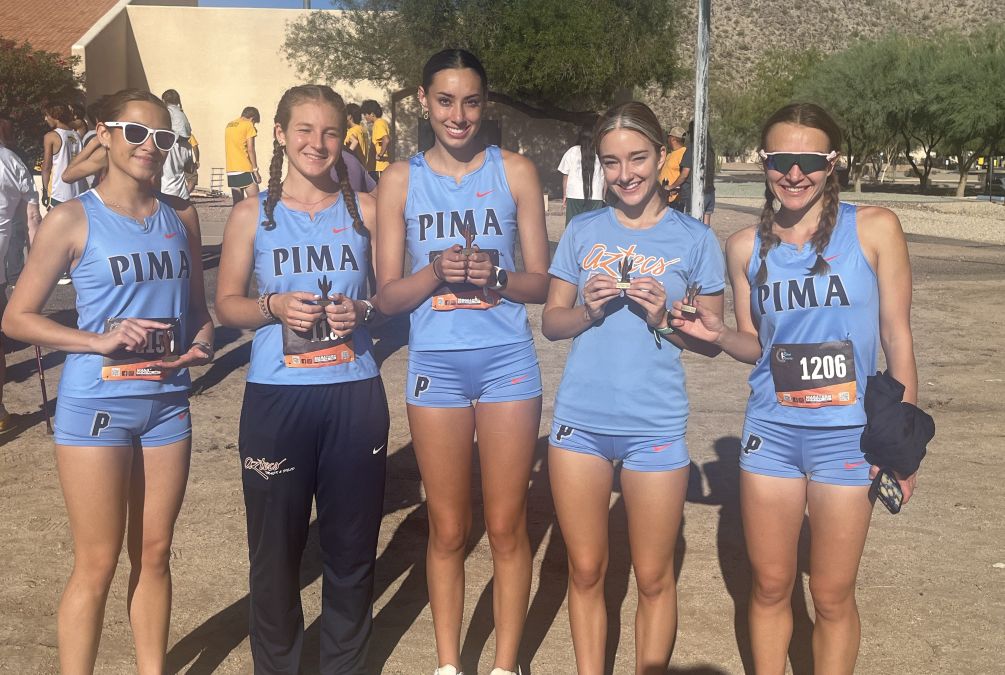 The No. 23 ranked Aztecs Women's Cross Country team produced five runners in the top 20 at the Al Shirley (CAMPY) Invitational on Saturday at Central Arizona College. The Aztecs took third place with a total of 60 points. (Left to right): Elexia Aragon (20th), Elizabeth Coppola (19th), Cassidy Davidson (14th), Karlee Pope (12th) and Madeline Mitchell (10th).Photo by Ray Suarez